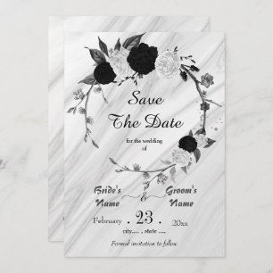 black white flowers grey leaves botanical wreath save the date