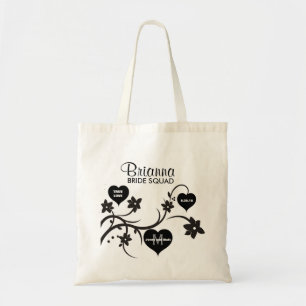 Black & White Flowers & Hearts Bride Squad Wedding Tote Bag