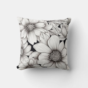 Black White Flowers Line Art Hand Drawn Cushion