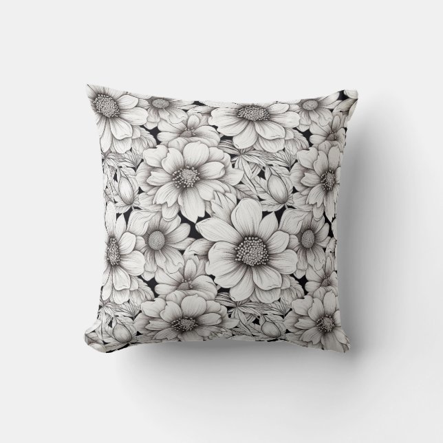 Black White Flowers Neutral Garden Botanical Cushion (Front)