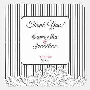 Black & White Flowers on Stripes Square Sticker
