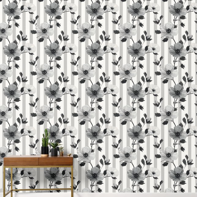 Black & White Flowers On Vertical Lines Pattern Wallpaper (Hallway)