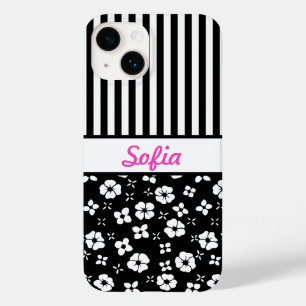 Black/White Flowers/Stripes Monogrammed Case-Mate iPhone 14 Case
