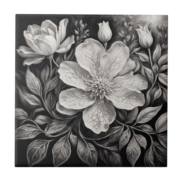 Black & White Flowers Tile (Front)