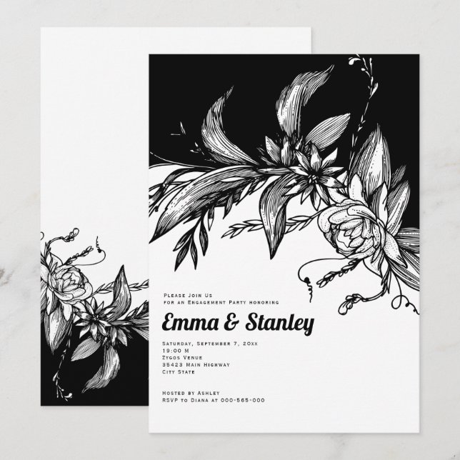 Black, white flowers , typography engagement party invitation (Front/Back)