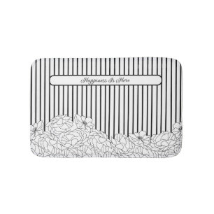 Black & White Flowers with Stripes Bath Mat