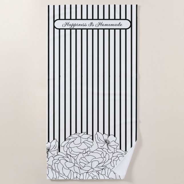 Black & White Flowers with Stripes Beach Towel (Front)