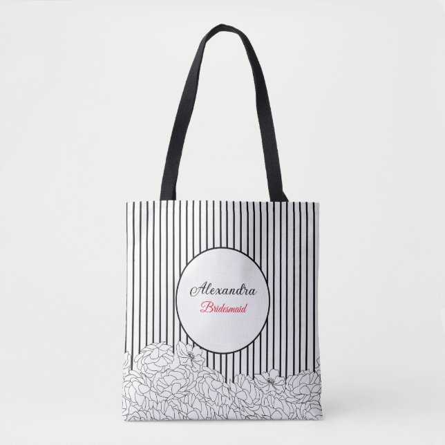 Black & White Flowers with Stripes Bridesmaid Tote Bag (Front)