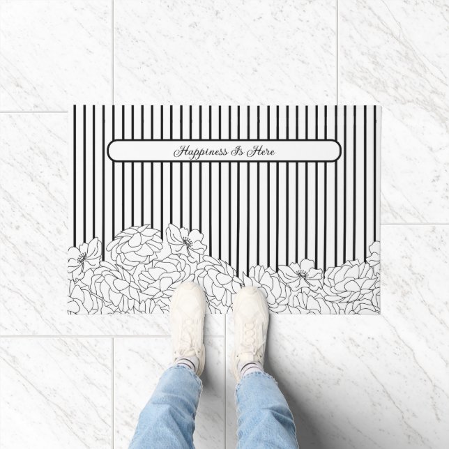 Black & White Flowers with Stripes Doormat (Indoor)