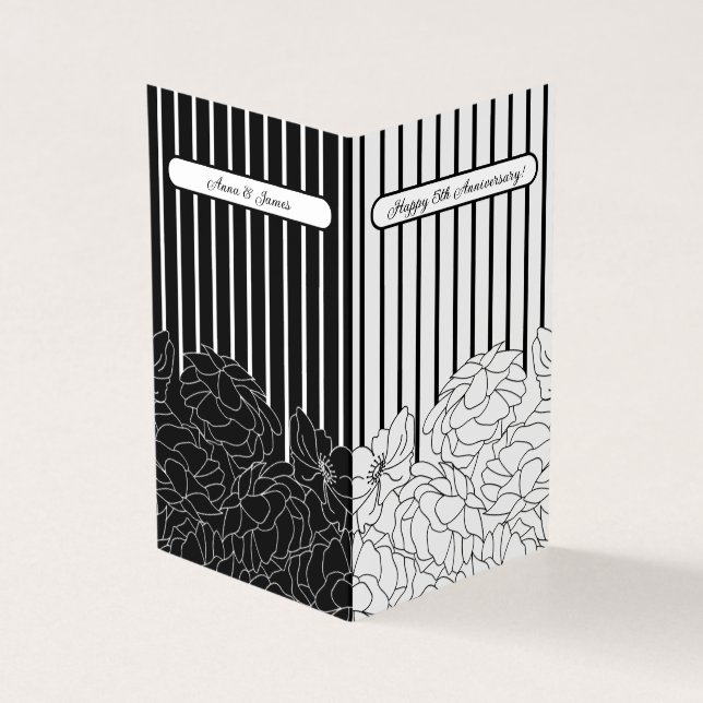Black & White Flowers with Stripes Folded Card (Outside)