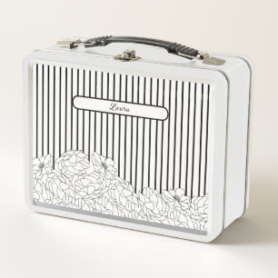 Black & White Flowers with Stripes Metal Lunch Box