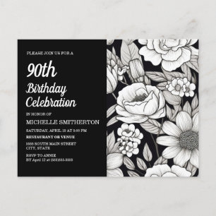 Black White Flowers Women's 90th Birthday Invitation Postcard