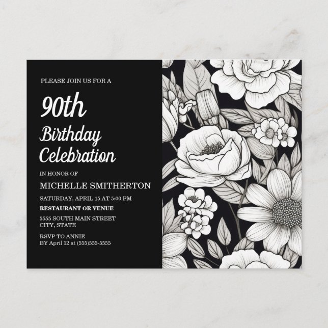 Black White Flowers Women's 90th Birthday Invitation Postcard (Front)