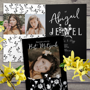 Black & White Flowery Bat Mitzvah Foil Greeting Card
