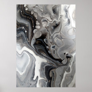 Black White Fluid Marble Abstract Grey Silver Poster