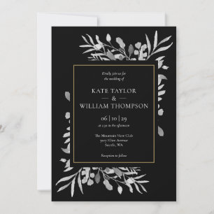 Black White Foliage Elegant Gold Wedding Invitation