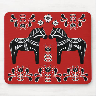 Black/white Folk Dala horse/Folk Friesian Mouse Mat