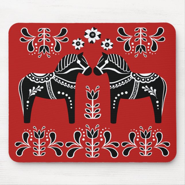 Black/white Folk Dala horse/Folk Friesian Mouse Mat (Front)