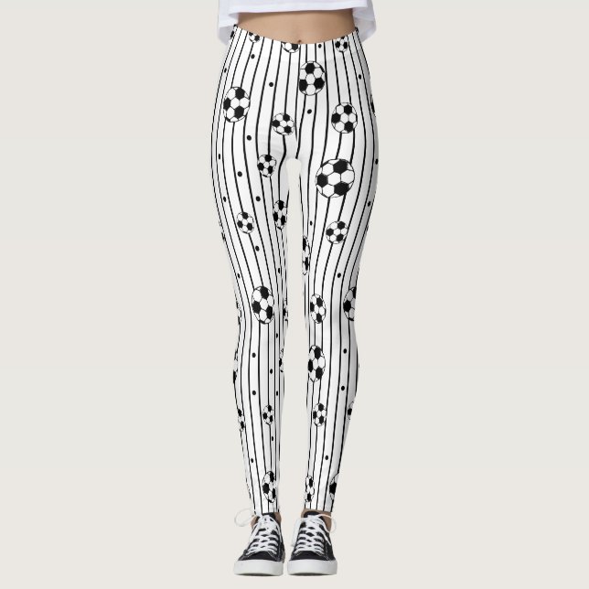 Black White Footballs Striped Sporty Soccer Mum Leggings (Front)