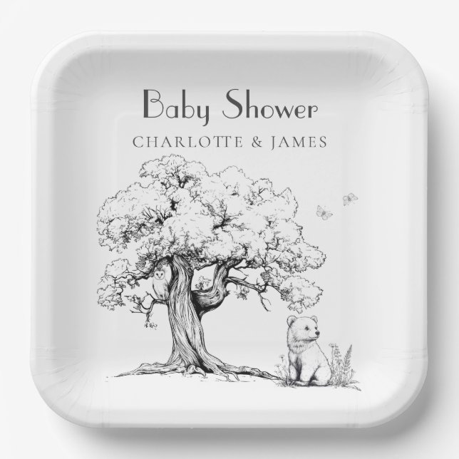 Black & White Forest Bear Baby Shower  Paper Plate (Front)