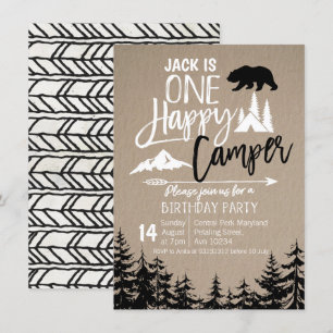 Black White Forest Camping Birthday party Invitation