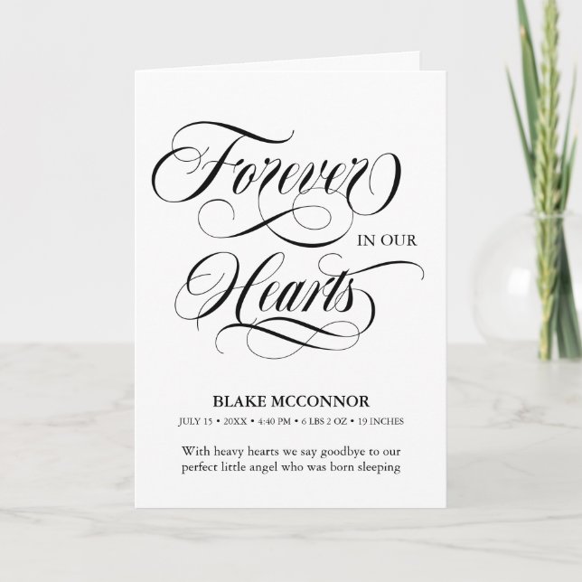 Black White Forever In Our Hearts Baby Memorial Announcement (Front)