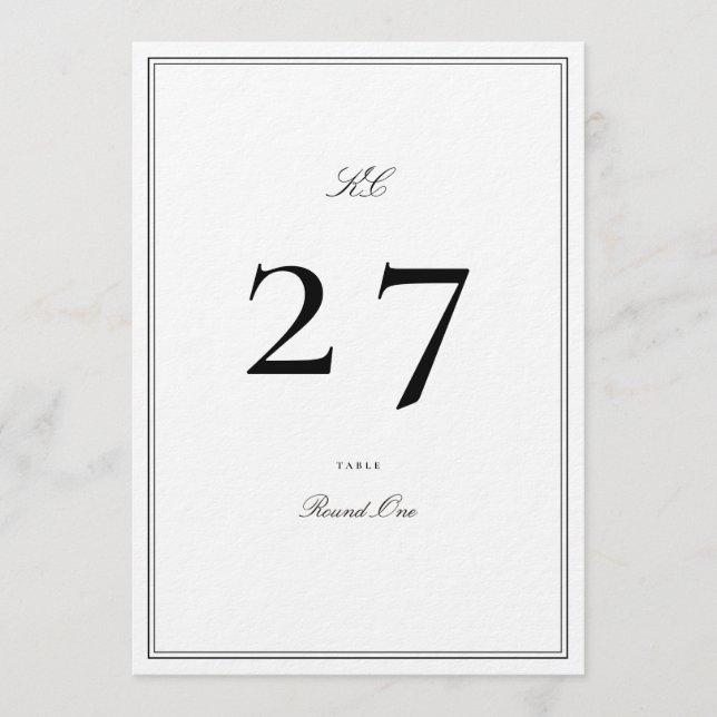 Black & White Formal 5 x 7 Wedding Table Number (Front)