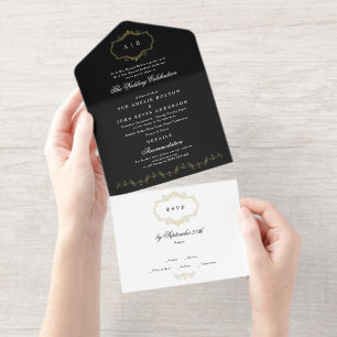 black white formal gold crest monogram wedding all in one invitation