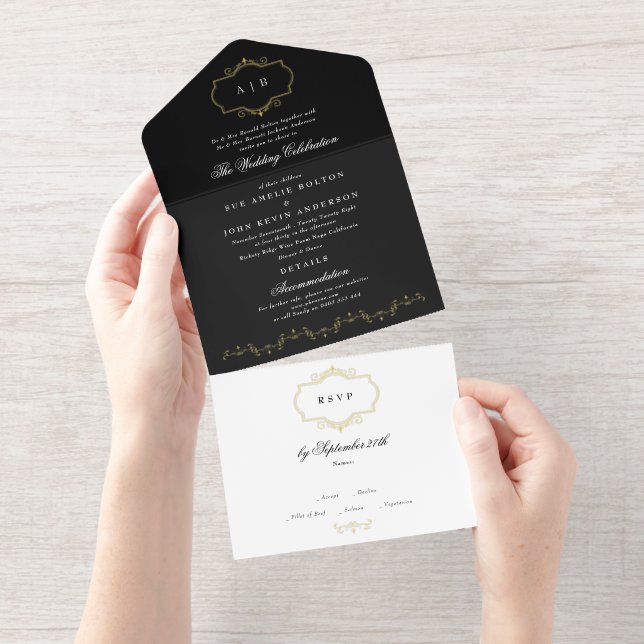 black white formal gold crest monogram wedding all in one invitation (Tearaway)