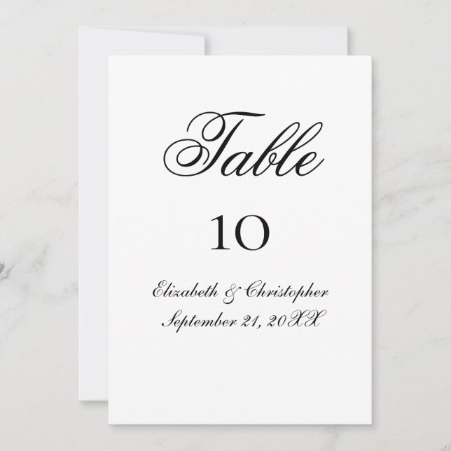 Black White Formal Script Wedding Table Cards (Front)