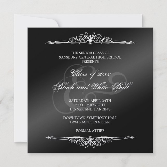 Black white formals dance ball prom elegant square invitation (Front)