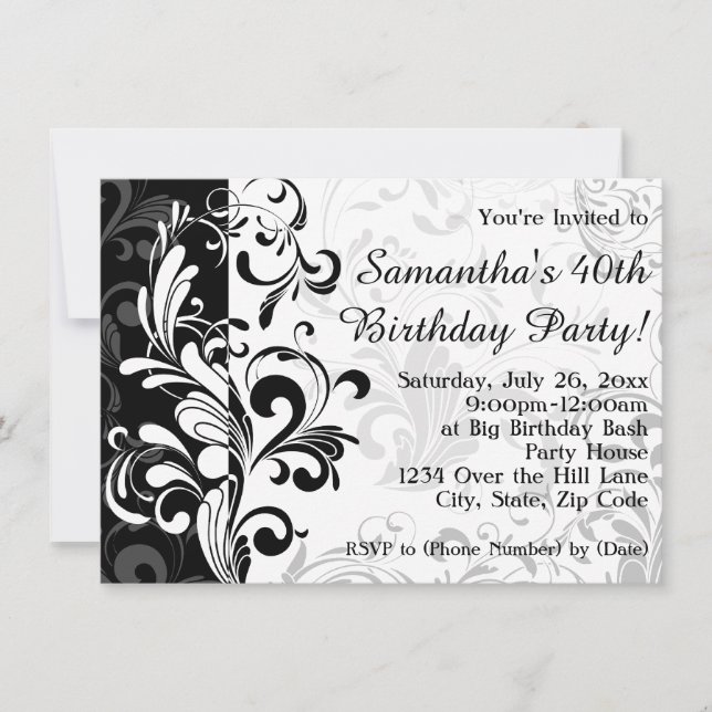 Black/White Fountain Swirl Birthday Party Invitation (Front)