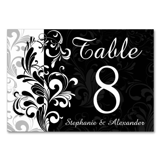Black White Fountain Swirl Wedding Table Number (Front)