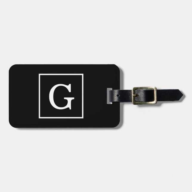 Black White Framed Initial Monogram Luggage Tag (Front Horizontal)