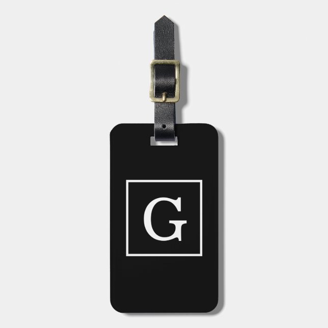 Black White Framed Initial Monogram Luggage Tag (Front Vertical)