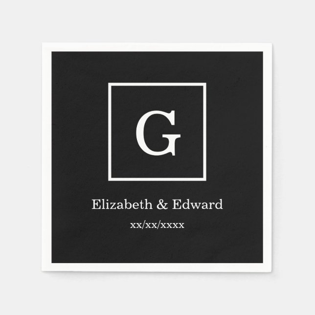 Black White Framed Initial Monogram Napkin (Front)