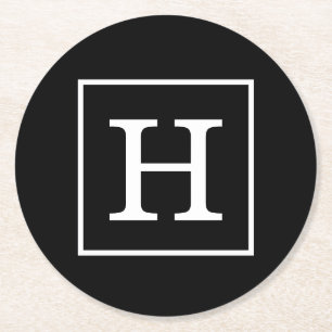 Black White Framed Initial Monogram Round Paper Coaster