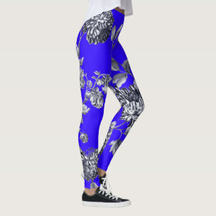 Black & White French Blue Botanical Floral Toile Leggings