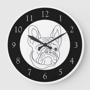 Black White French Bulldog Drawing Large Clock
