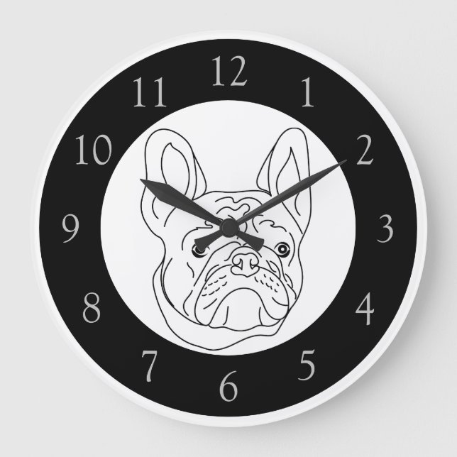 Black White French Bulldog Drawing Large Clock (Front)