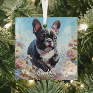 Black & White French Bulldog & Flowers  Glass Tree Decoration