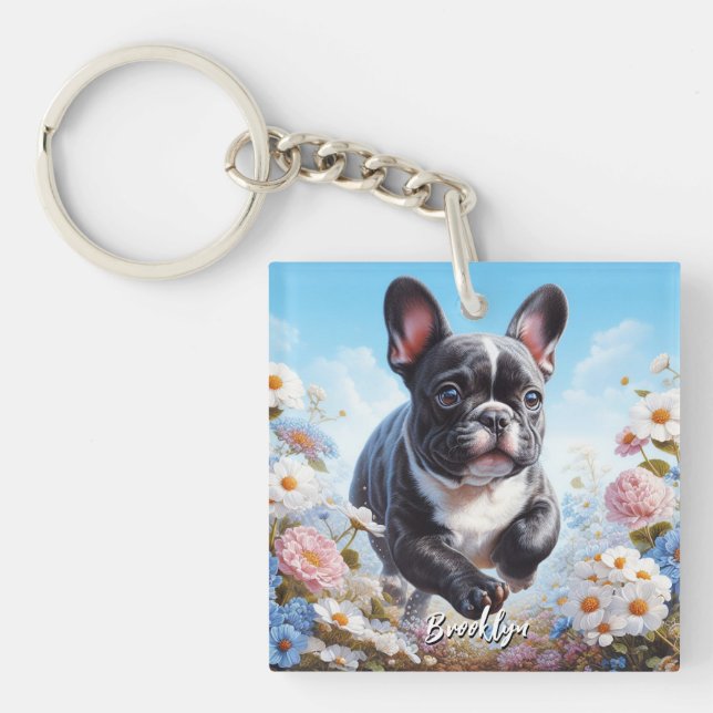 Black & White French Bulldog & Flowers  Key Ring (Front)