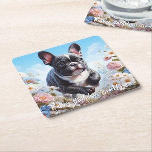 Black & White French Bulldog & Flowers Square Paper Coaster