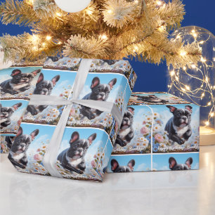 Black & White French Bulldog & Flowers Wrapping Paper