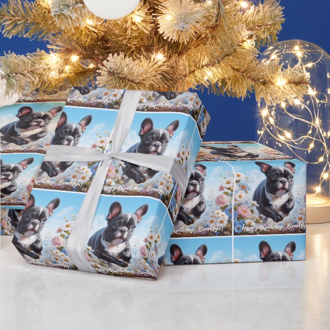 Black & White French Bulldog & Flowers  Wrapping Paper (Holidays)