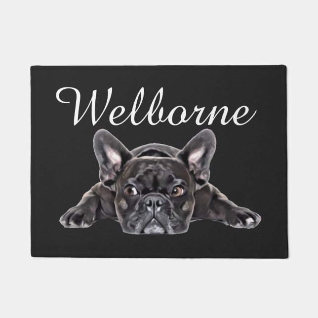 Black White French Bulldog Puppy Drawing Painted Doormat (Front)