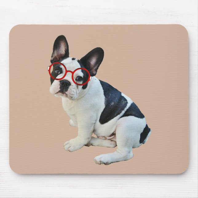 Black & White French Bulldog Wearing Red Glasses Mouse Mat (Front)