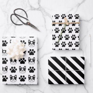 Black White French Bulldog Wrapping Paper Set of 3
