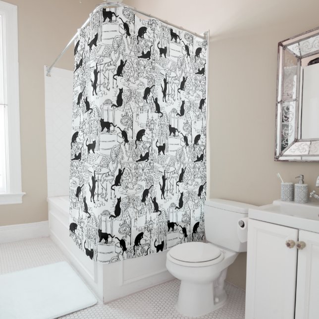 Black White French Cat Paris Cafe Shower Curtain (In Situ)