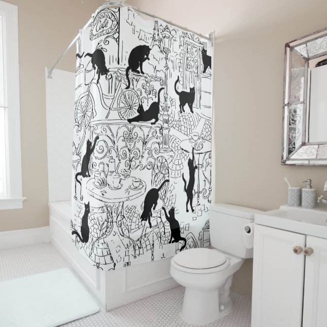 Black & White French Cat Paris Cafe Shower Curtain (In Situ)
